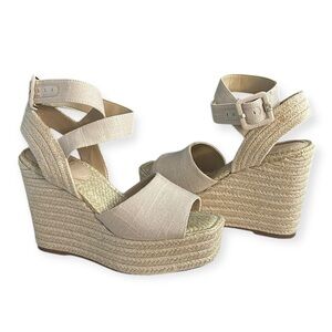 New Sam Edelman Vada Espadrille Wedge Sandals in Natural Linen Women’s Size 7.5